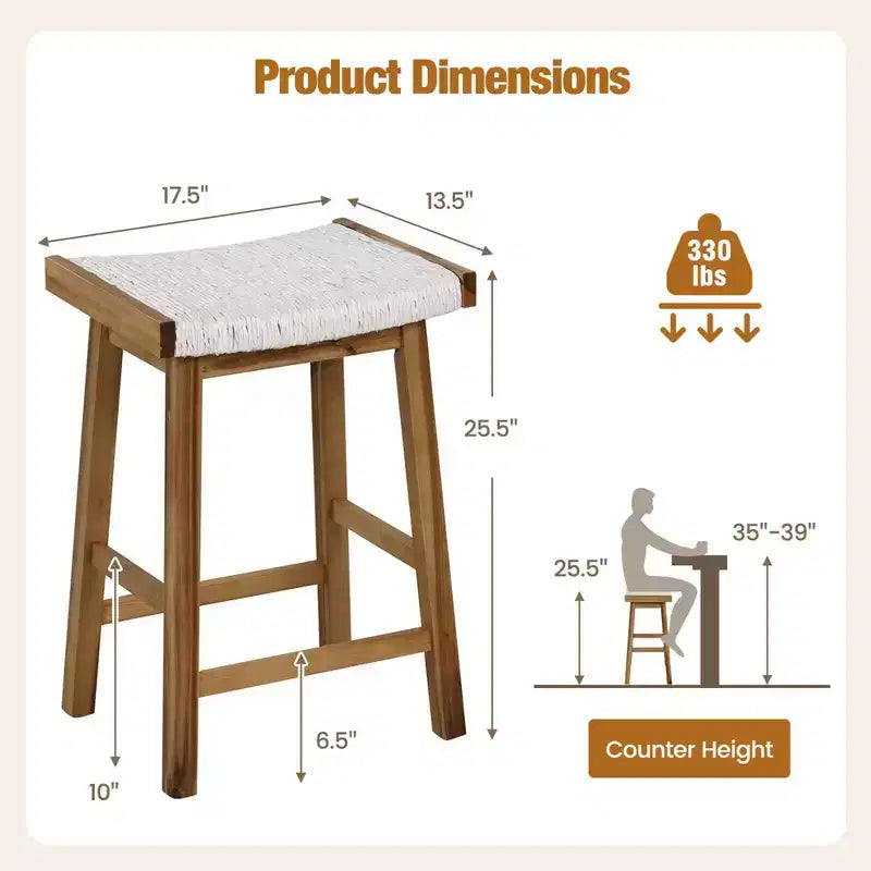 Lot de 2 tabourets de bar à selle de salle à manger Costway de 64,8 cm, siège tissé en jonc de mer, en bois massif
