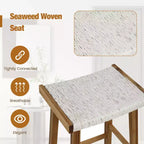 Lot de 2 tabourets de bar à selle de salle à manger Costway de 64,8 cm, siège tissé en jonc de mer, en bois massif