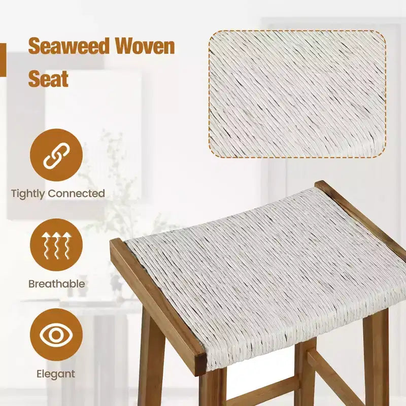 Lot de 2 tabourets de bar à selle de salle à manger Costway de 64,8 cm, siège tissé en jonc de mer, en bois massif
