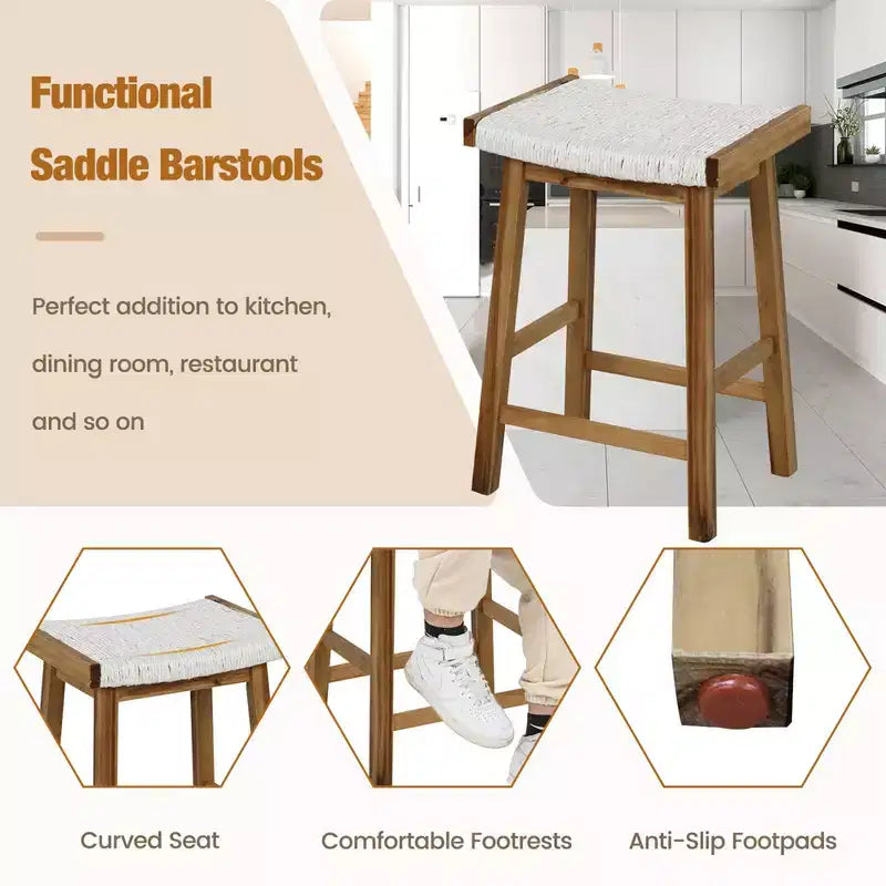 Lot de 2 tabourets de bar à selle de salle à manger Costway de 64,8 cm, siège tissé en jonc de mer, en bois massif