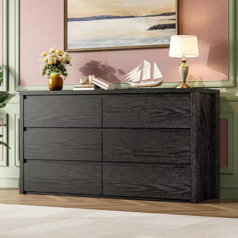 Commode large en bois à 6 tiroirs - Meuble de rangement moderne sans poignée pour chambre, salon, couloir et entrée, grande commode.