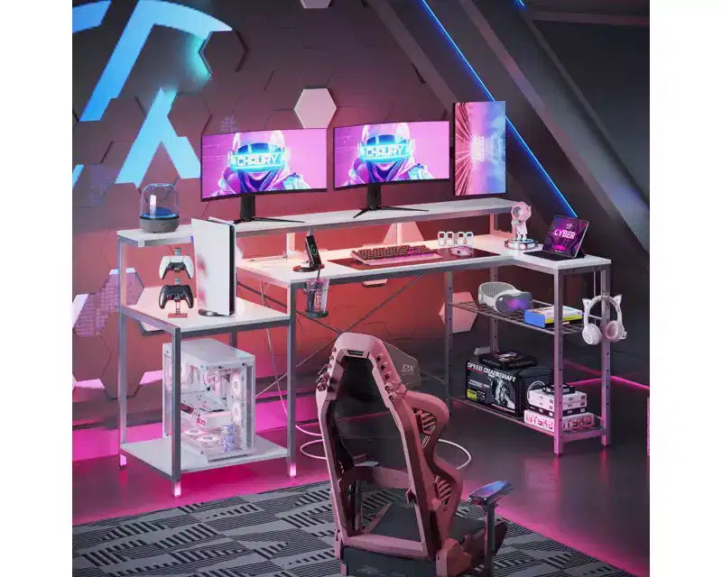 Bureau de gamer Bestier 71,5 pouces avec prise de courant, bureau d'ordinateur en L avec support d'écran, table de gamer d'angle avec étagère réglable et crochet pour casque
