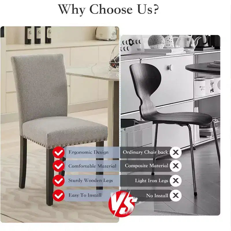 Lot de 2 chaises de salle à manger, chaises rembourrées pour salle à manger, chaises de cuisine en tissu avec pieds en bois cloutés et coussin rembourré, pour salon