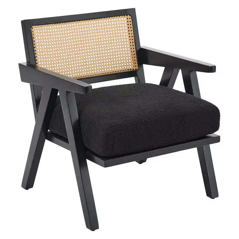 Fauteuil d'appoint de ferme du milieu du siècle - Fauteuil en bois avec dossier en rotin et coussin en lin pour salon, chambre