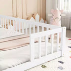 Lit double superposé avec barrière de sécurité, lit plateforme en bois avec clôture pour 2 enfants