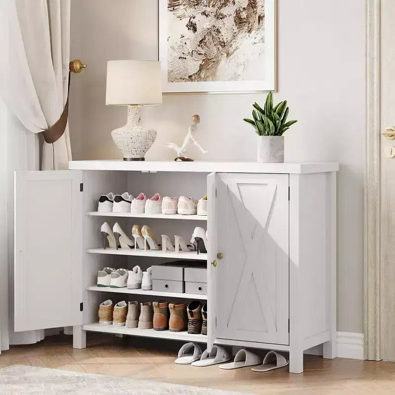 Meuble à chaussures 4 niveaux Coolmee avec portes, meuble à chaussures de style fermier de 89 cm pour entrée, grand meuble de rangement à chaussures pour salon ou couloir