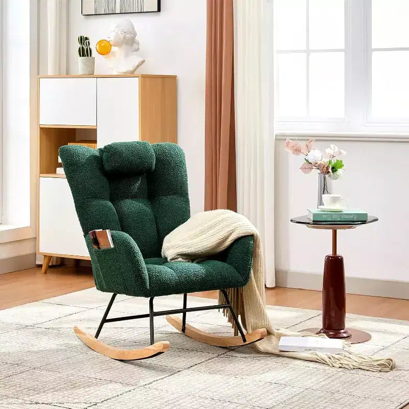 Fauteuil à bascule Teddy avec oreiller et dossier haut, fauteuil d'appoint rembourré en tissu pour chambre d'enfant, salon, chambre à coucher