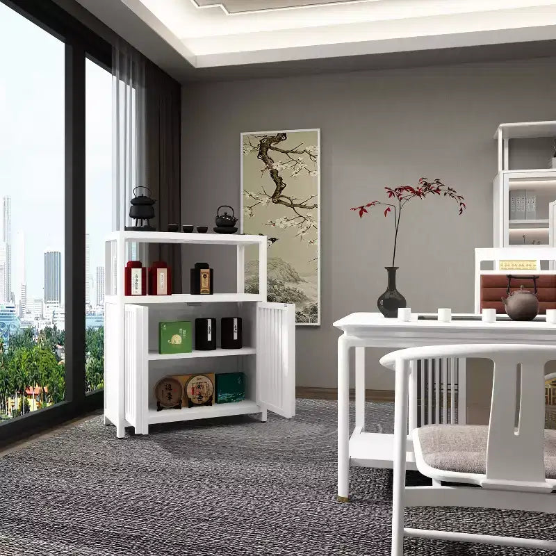 MAYEERTY Grand meuble de rangement en bambou blanc pour salle de bain et salon avec étagères 1 pièce