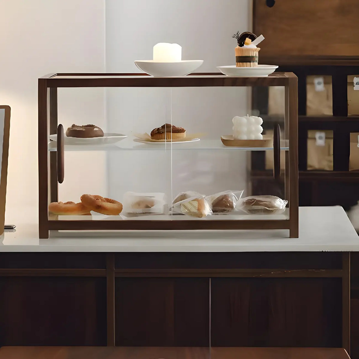 Élégante vitrine de collection en bois avec portes coulissantes