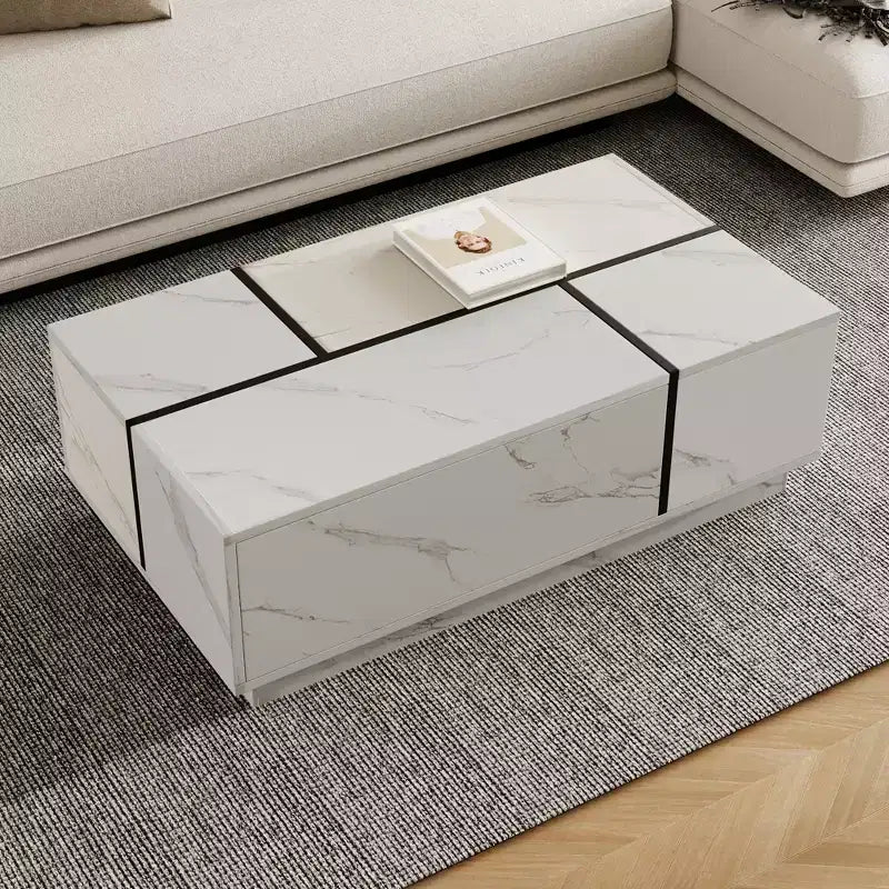 Une table basse rectangulaire à plateau coulissant avec 2 tiroirs et 2 espaces de rangement cachés, adaptée au salon