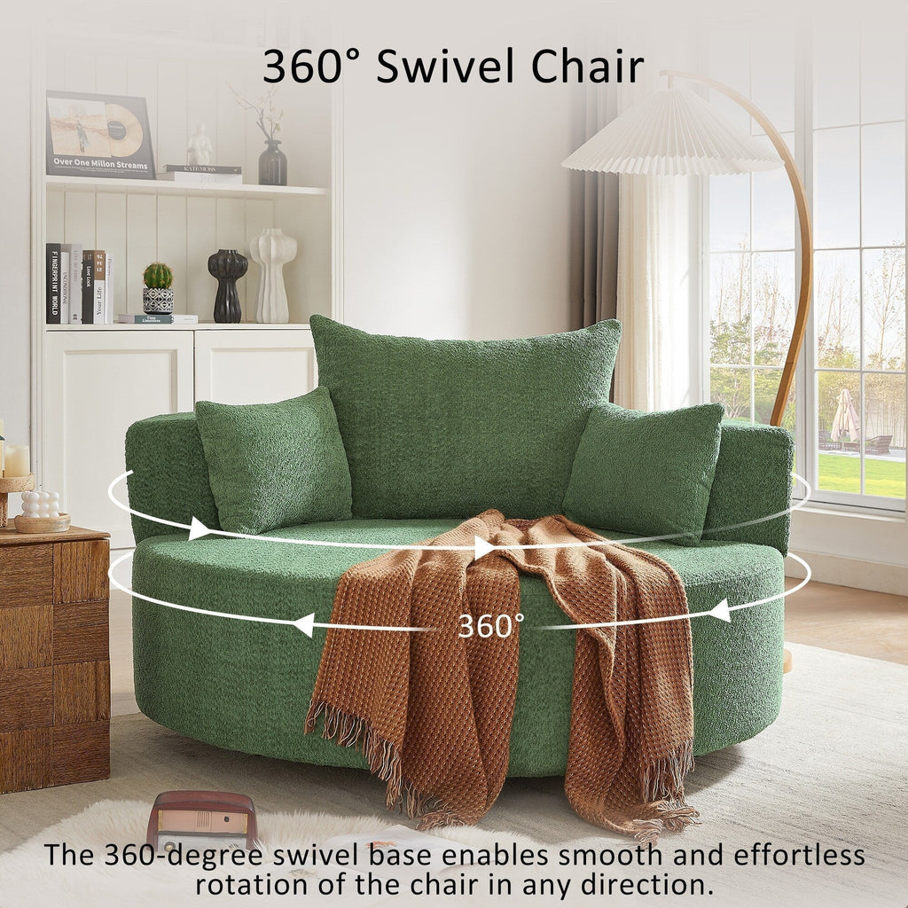 Fauteuil baril accent en chenille, Fauteuil de salon, Fauteuil rond avec base pivotante à 360 degrés et 3 coussins amovibles