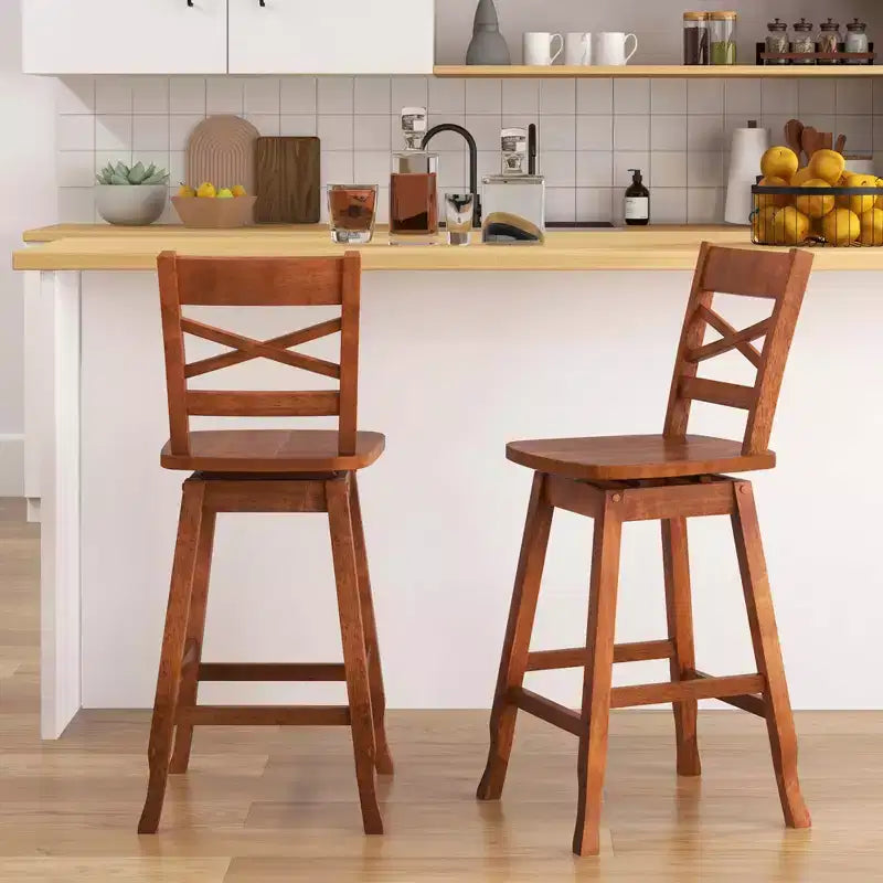 Costway Lot de 2 tabourets de bar/comptoir pivotants en bois d'hévéa, hauteur 61/76 cm, avec dossier incliné, noyer