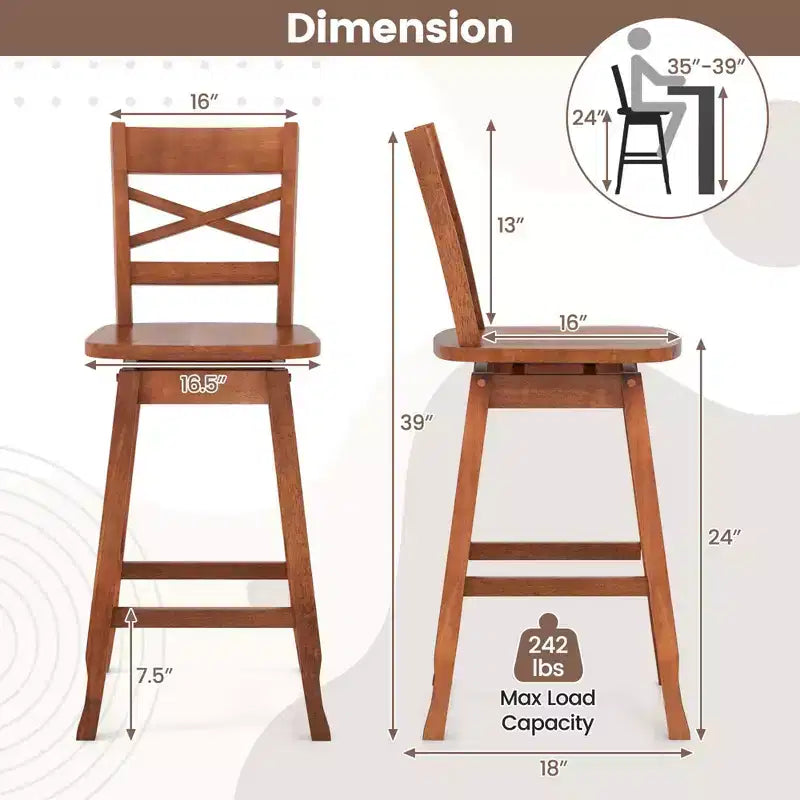 Costway Lot de 2 tabourets de bar/comptoir pivotants en bois d'hévéa, hauteur 61/76 cm, avec dossier incliné, noyer