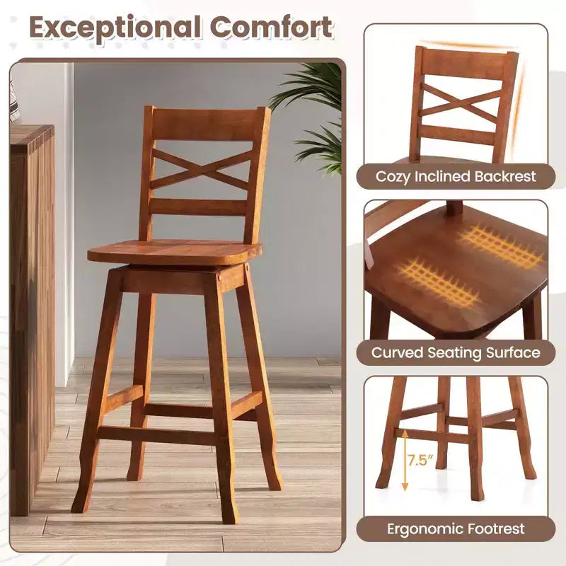 Costway Lot de 2 tabourets de bar/comptoir pivotants en bois d'hévéa, hauteur 61/76 cm, avec dossier incliné, noyer