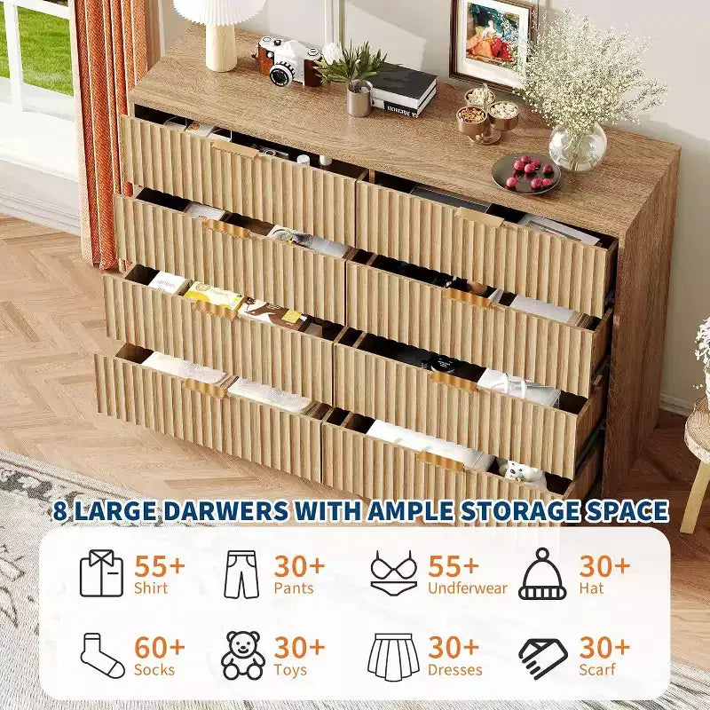 Commode à 8 tiroirs pour chambre à coucher, grande commode cannelée, organisateur de rangement en bois, armoire de rangement pour chambre à coucher, salon, maison