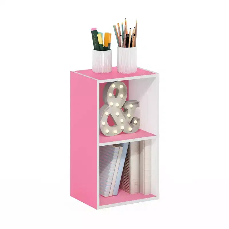 Furinno Étagère Ouverte Décorative à 2 Niveaux Table de Chevet Table d'appoint Canapé Côté Rangement Vitrine Rose/Blanc