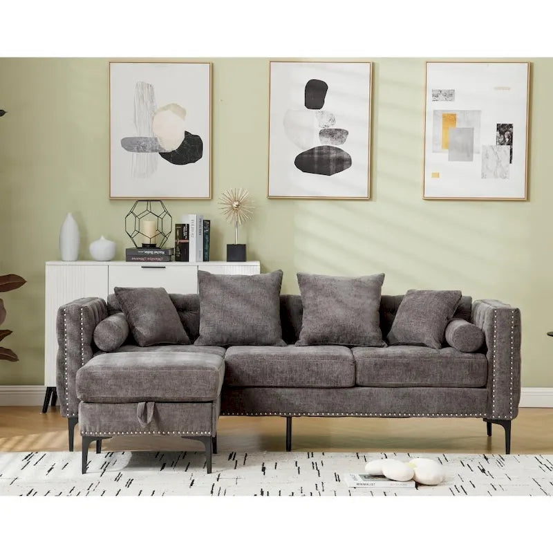 Canapé sectionnel convertible moderne en forme de L en chenille capitonnée