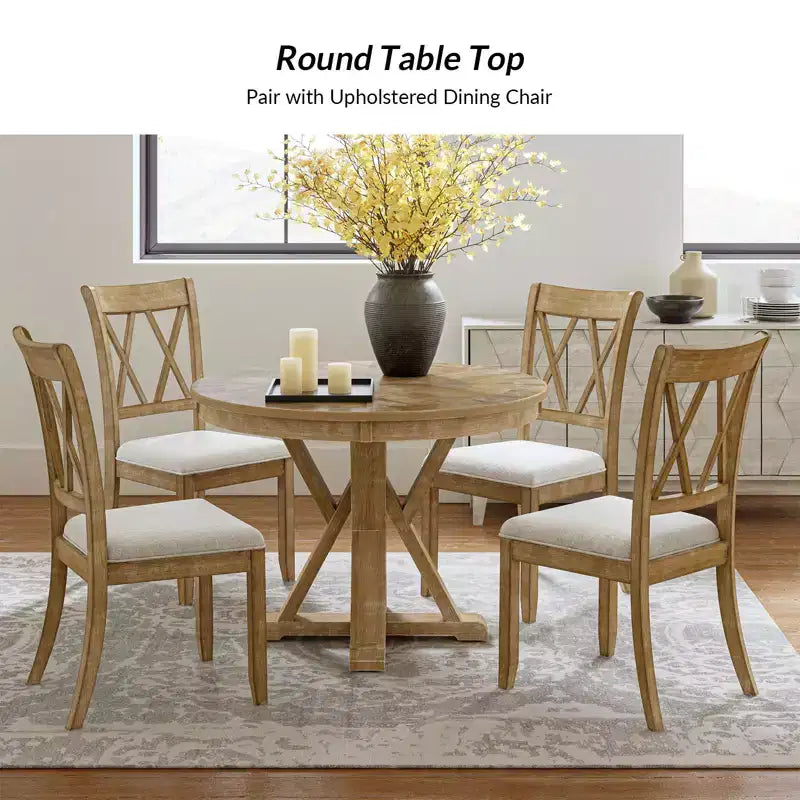 Table à manger ronde Felipa Rustic Farmhouse en bois massif naturel avec piètement croisé pour 4 personnes | ART OF LIVING DESIGNS-Natural