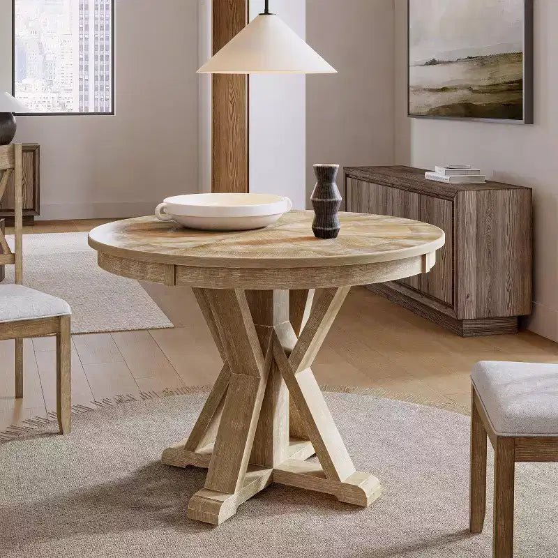 Table à manger ronde Felipa Rustic Farmhouse en bois massif naturel avec piètement croisé pour 4 personnes | ART OF LIVING DESIGNS-Natural