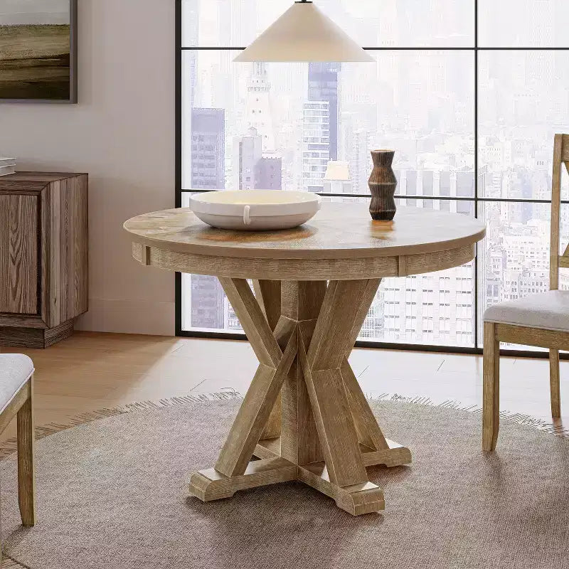 Table à manger ronde Felipa Rustic Farmhouse en bois massif naturel avec piètement croisé pour 4 personnes | ART OF LIVING DESIGNS-Natural