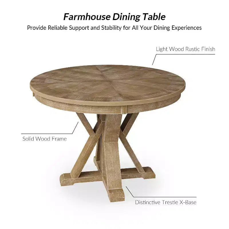 Table à manger ronde Felipa Rustic Farmhouse en bois massif naturel avec piètement croisé pour 4 personnes | ART OF LIVING DESIGNS-Natural
