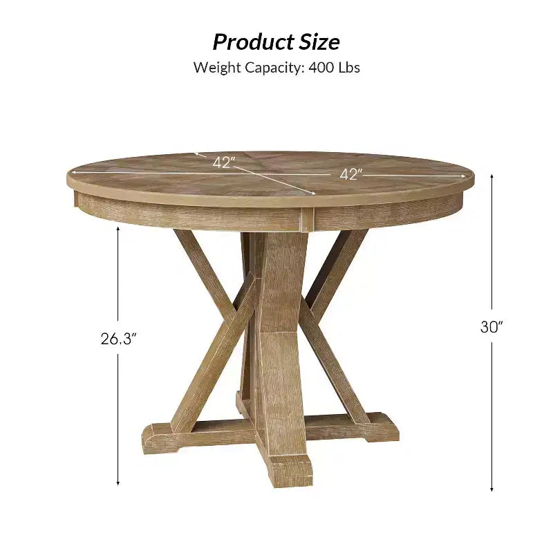 Table à manger ronde Felipa Rustic Farmhouse en bois massif naturel avec piètement croisé pour 4 personnes | ART OF LIVING DESIGNS-Natural