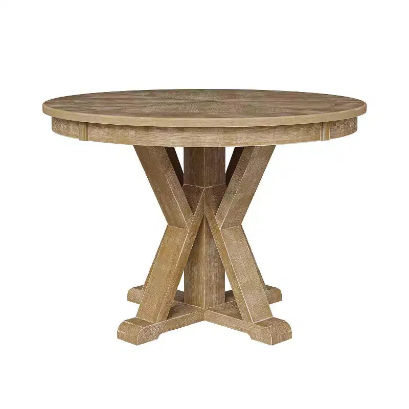 Table à manger ronde Felipa Rustic Farmhouse en bois massif naturel avec piètement croisé pour 4 personnes | ART OF LIVING DESIGNS-Natural