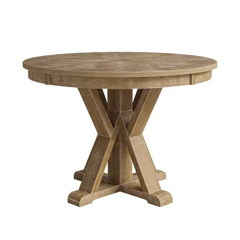Table à manger ronde Felipa Rustic Farmhouse en bois massif naturel avec piètement croisé pour 4 personnes | ART OF LIVING DESIGNS-Natural