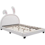 Cadre de lit double, cadre de lit avec ornement de lapin pour enfants, lit plateforme en cuir rembourré avec tête de lit à oreilles, montage facile, blanc