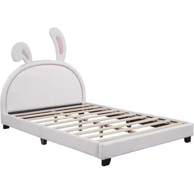Cadre de lit double, cadre de lit avec ornement de lapin pour enfants, lit plateforme en cuir rembourré avec tête de lit à oreilles, montage facile, blanc