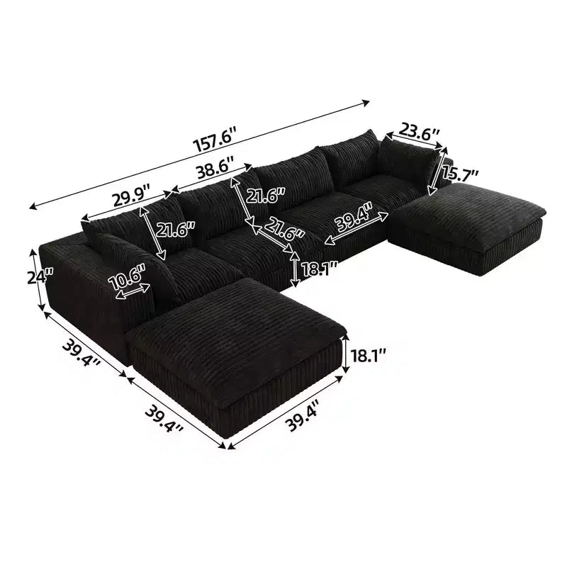 Canapé d'angle modulable en velours côtelé blanc de 4 m avec 2 poufs, grand canapé profond, design double couche, coussin amovible, aucun assemblage requis.
