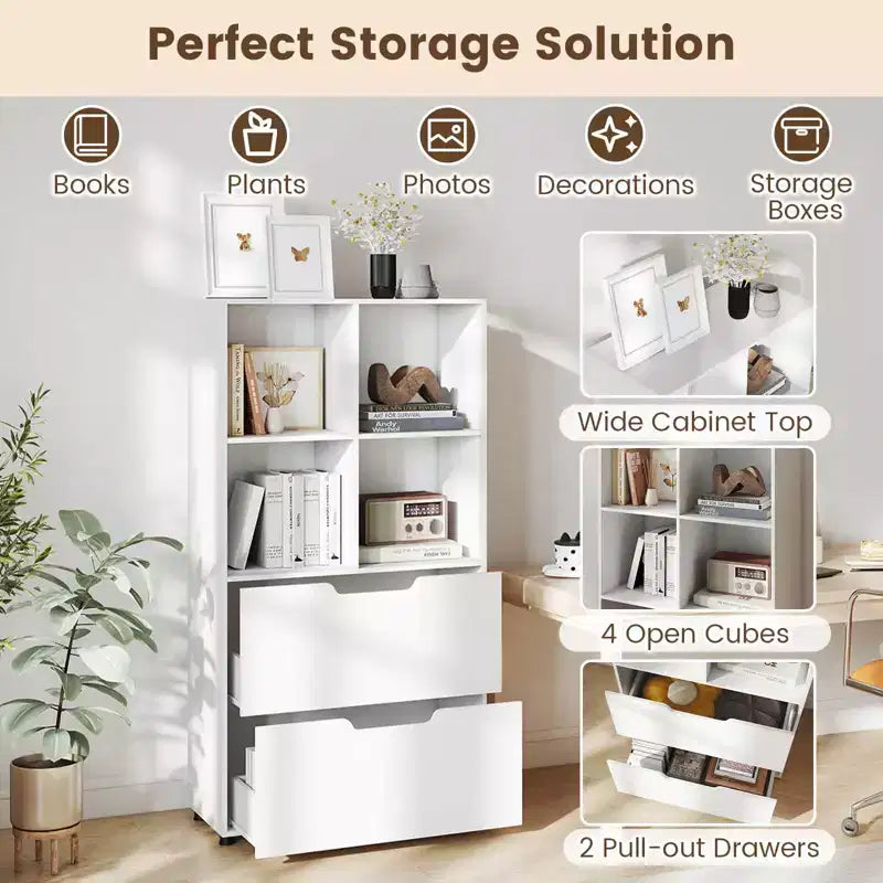 Étagère Costway avec 2 tiroirs, bibliothèque ouverte à 4 niveaux avec 4 cubes de rangement pour le bureau à domicile