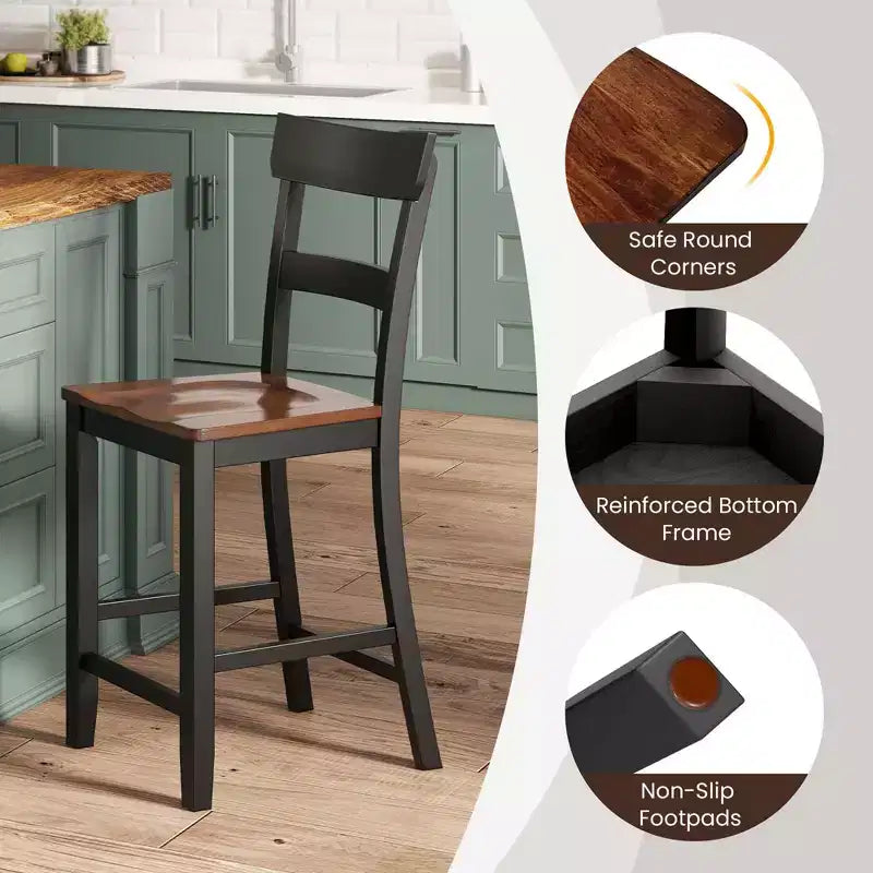 Lot de 4 tabourets de bar en bois Costway, chaises de bar avec cadre en bois de caoutchouc LVL, dossier, repose-pieds Noir/Blanc
