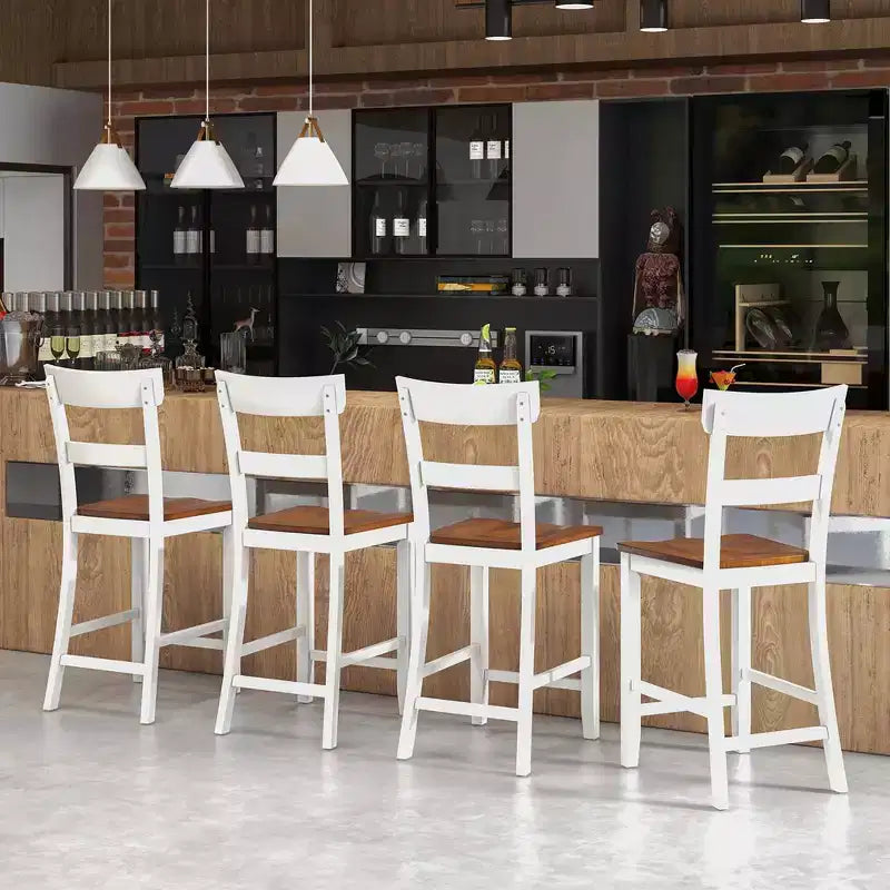 Lot de 4 tabourets de bar en bois Costway, chaises de bar avec cadre en bois de caoutchouc LVL, dossier, repose-pieds Noir/Blanc