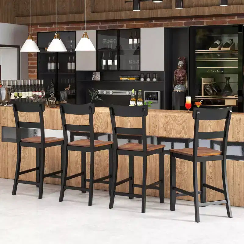 Lot de 4 tabourets de bar en bois Costway, chaises de bar avec cadre en bois de caoutchouc LVL, dossier, repose-pieds Noir/Blanc