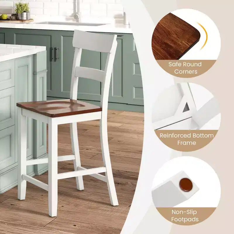 Lot de 4 tabourets de bar en bois Costway, chaises de bar avec cadre en bois de caoutchouc LVL, dossier, repose-pieds Noir/Blanc