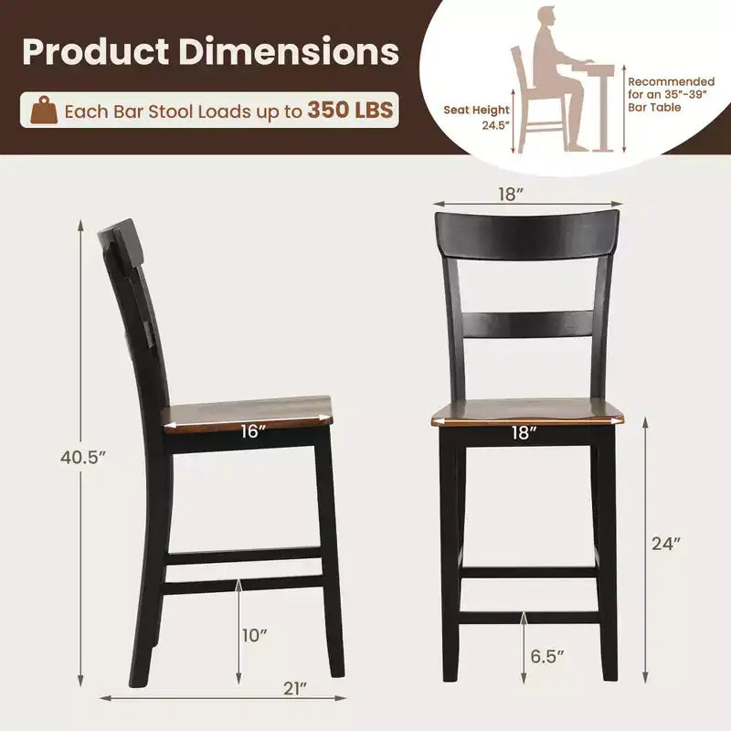 Lot de 4 tabourets de bar en bois Costway, chaises de bar avec cadre en bois de caoutchouc LVL, dossier, repose-pieds Noir/Blanc