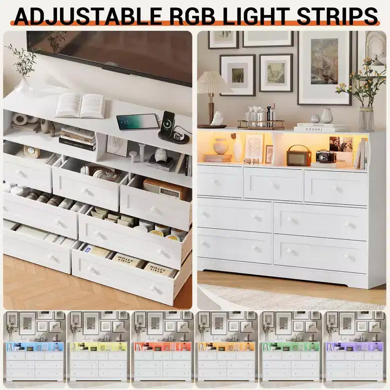 Commode en bois à 7 tiroirs avec station de recharge USB et lumières LED - Coiffeuse moderne avec 2 niches ouvertes pour chambre à coucher, salon, placard ou chambre d'enfant