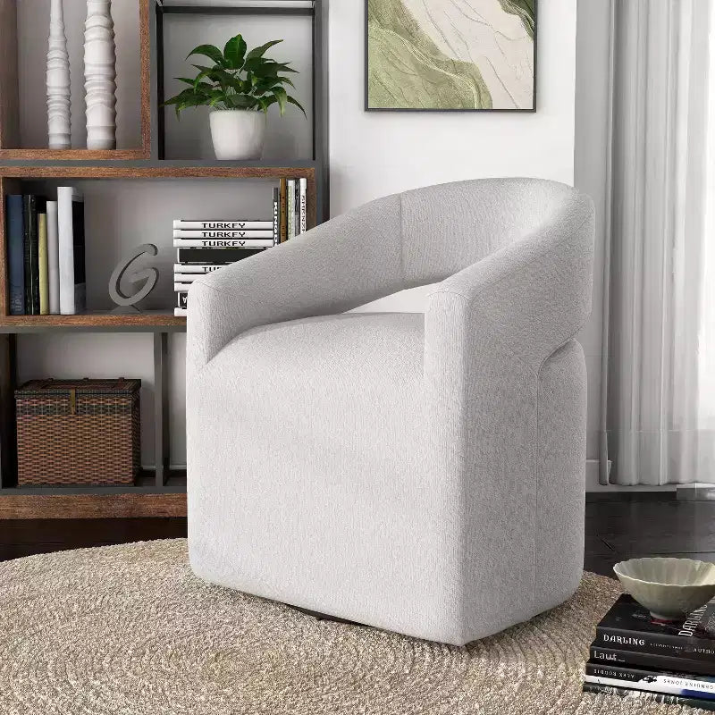 Fauteuil pivotant rond moderne en tissu bouclette Stormherald avec dossier ouvert, disponible 24 h/24 et 7 j/7 chez Shop At Home