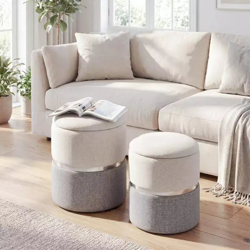 Costway Lot de 2 poufs de rangement ronds modernes en tissu de lin pour chambre à coucher