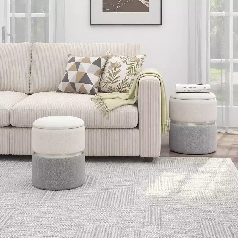 Costway Lot de 2 poufs de rangement ronds modernes en tissu de lin pour chambre à coucher