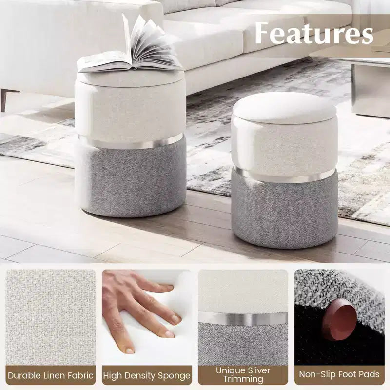 Costway Lot de 2 poufs de rangement ronds modernes en tissu de lin pour chambre à coucher