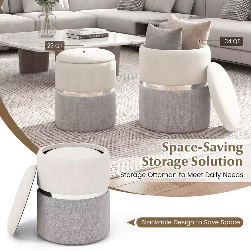 Costway Lot de 2 poufs de rangement ronds modernes en tissu de lin pour chambre à coucher