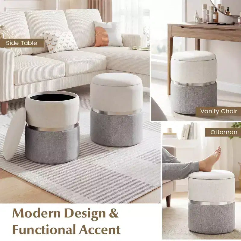 Costway Lot de 2 poufs de rangement ronds modernes en tissu de lin pour chambre à coucher
