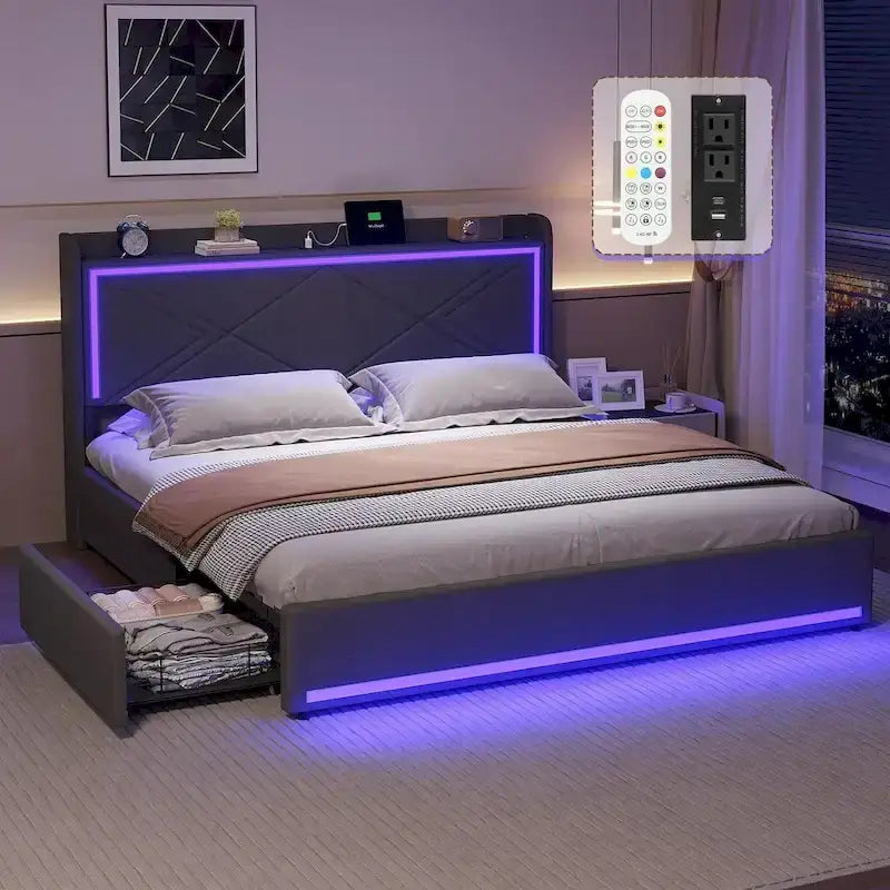 Cadre de lit avec lumières LED, tête de lit et station de charge USB-C/A, 4 tiroirs