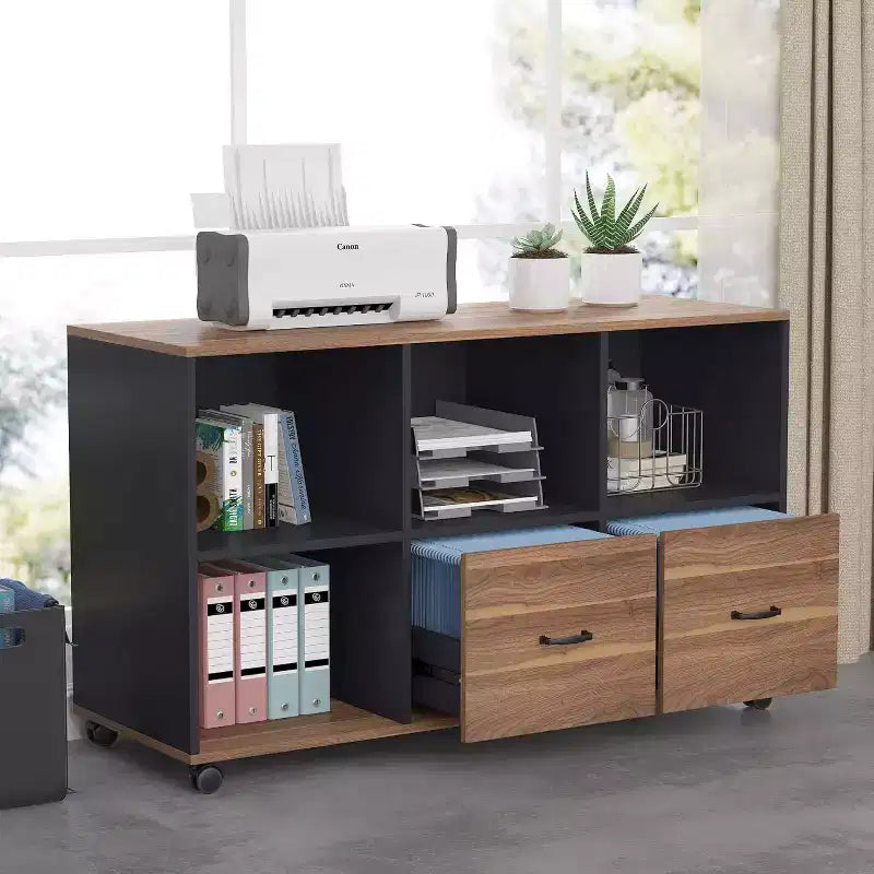 Classeurs latéraux à 2 tiroirs Lantine, classeur mobile en bois de 109 cm avec étagères de rangement ouvertes, tiroirs pour documents de format lettre