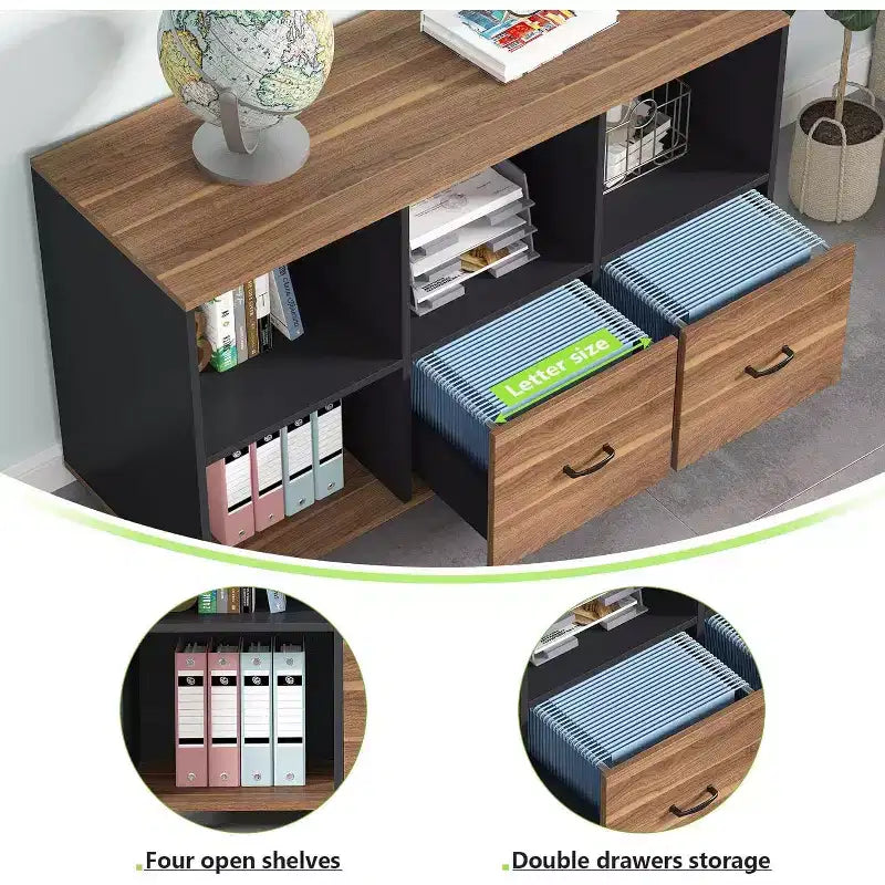 Classeurs latéraux à 2 tiroirs Lantine, classeur mobile en bois de 109 cm avec étagères de rangement ouvertes, tiroirs pour documents de format lettre