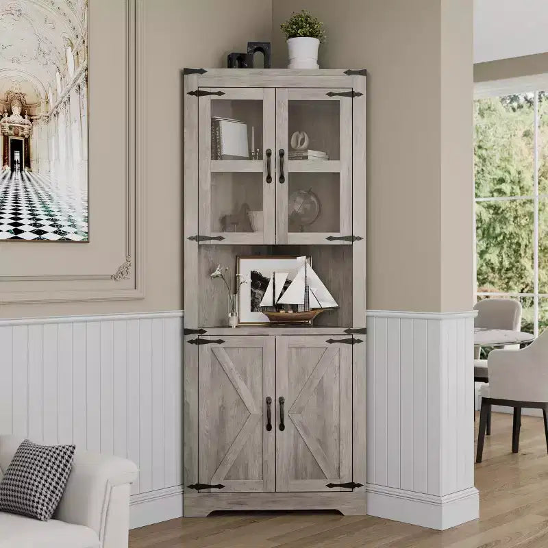 Meuble d'angle de ferme Whizmax, Armoire de rangement d'angle haute avec porte vitrée et étagères réglables, Meuble de salle de bain pour salon, salle de bain