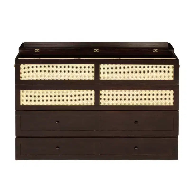Lit escamotable Whisen Queen Size en pin avec décoration en rotin et tiroir de rangement