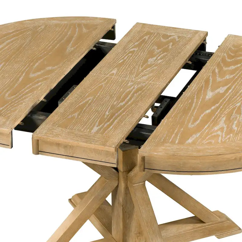 Ensemble de salle à manger 5 pièces en bois de style rétro avec table ronde extensible et 4 chaises, finition bois naturel vieilli